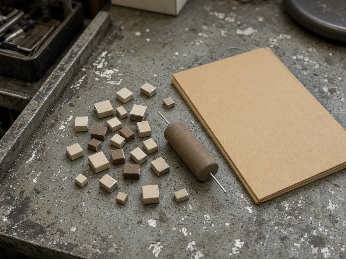 Loose chip capacitors and a cylindrical part beside a closed tan folder on a worn bench.