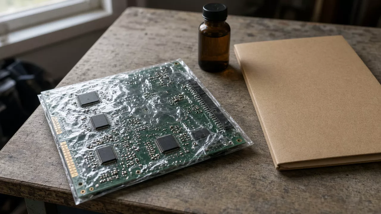 A circuit board in clear plastic beside a closed folder and an unlabeled bottle on a worn bench.