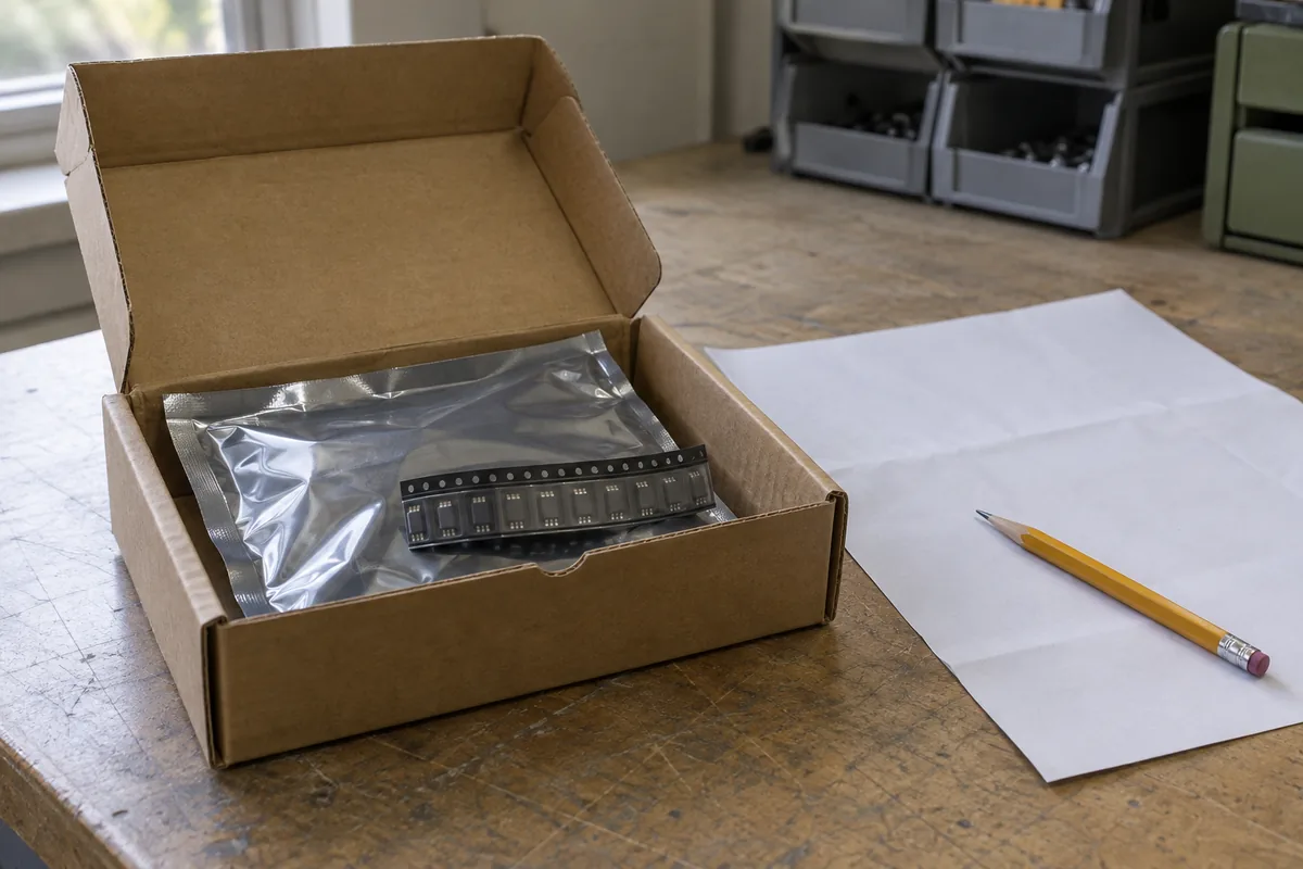 Plain component packaging and a blank receiving sheet on a desk