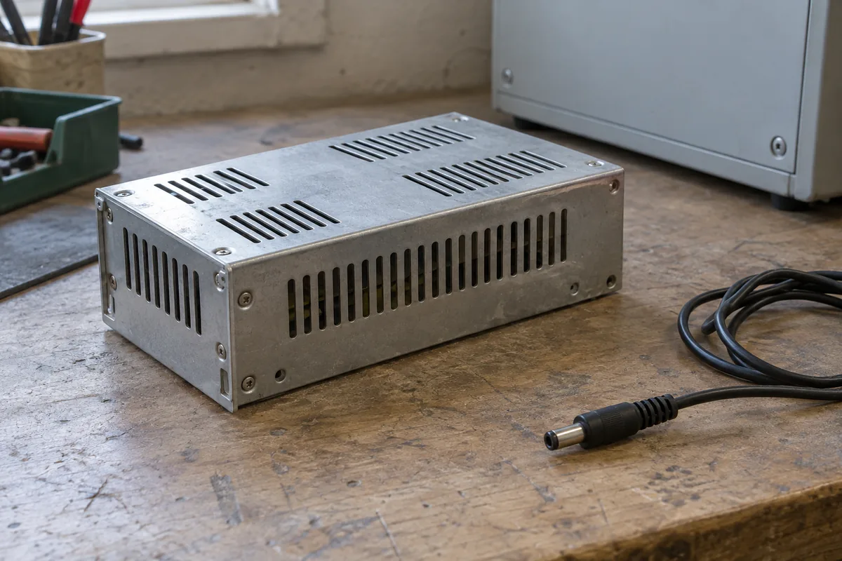Unplugged enclosed metal power supply and a loose low-voltage cable on a workbench
