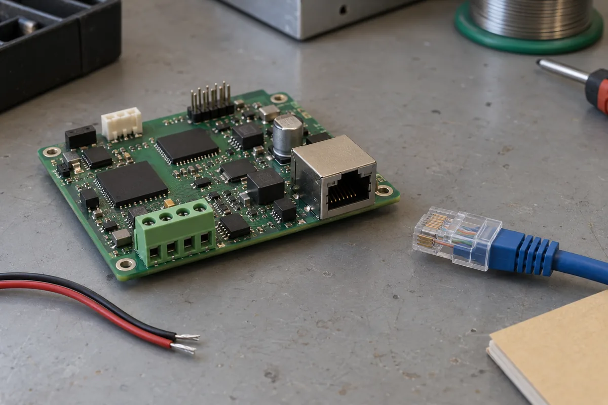 Control board with an Ethernet socket and terminal block beside disconnected cables