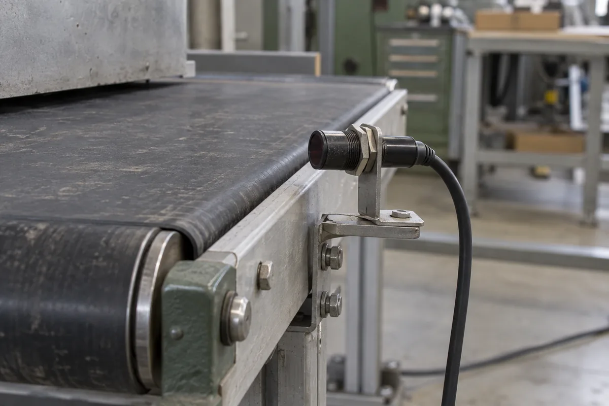 Photoelectric sensor mounted beside a stopped conveyor in a workshop